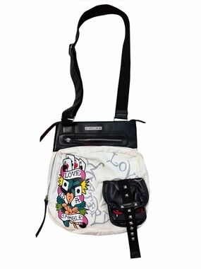 Ed Hardy Canvas Crossbody Bag Purse Casino Gamble Cards Graphic White
